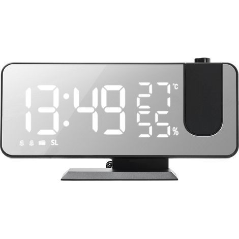 Mirror projection alarm clock with temperature and humidity meter, radio, mobile phone charging function, four-in-one display, black and white characters, black and white fonts (1/5)