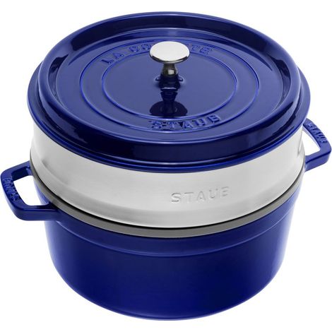 STAUB Cocotte en Fonte avec Panier Vapeur, Ronde, Ø 26 cm, 5,2 L, Bleu Intense (1/3)