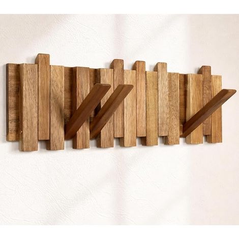 Porte-manteau mural en bois massif – rabattable gain de place, crochets, style rustique naturel pour entrée, couloir ou salle de bain (1/5)