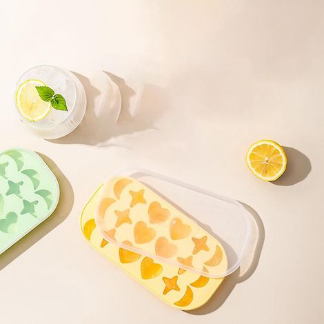 (jaune Citron + Vert Menthe) Lot De 2 Plateaux Glaons En Silicone Avec Couvercles Transparents Pour Conglateur, Caf, Jus Et Boissons. (1/5)