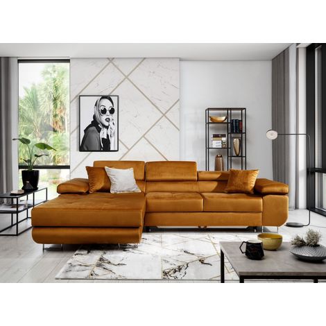 Les Tendances – Canapé convertible d'angle gauche velours marron clair 280 cm – Couchage 125 x 198 cm – Rangement intégré – Structure bois massif (1/5)
