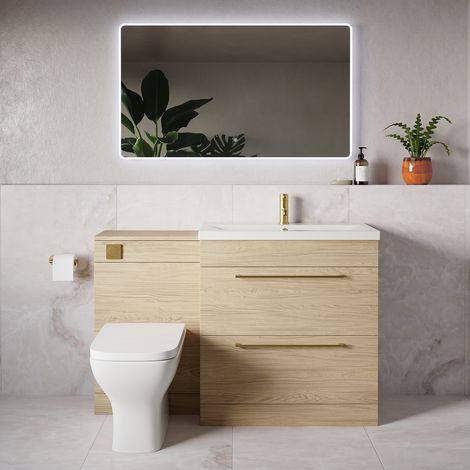 Napoli 390 Light Oak 1300mm 2 Drawer Vanity Unit Toilet Suite with Glide Basin - 1300mm - Brushed Brass 480mm HandleWith Kingston Toilet Pan and Seat