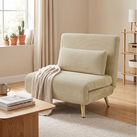 Canapé lit banquette 90x190 cm 3 en 1, fauteuil convertible avec dossier inclinable, coussin, polyester beige (1/5)
