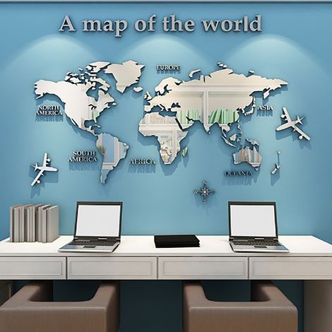 Décalcomanie murale 3D Carte du Monde Miroir Adhésif pour Bureau Salon Chambre Argent (1/5)