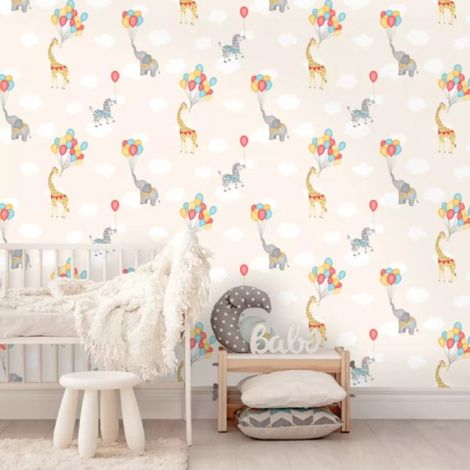 Kids Animal Balloons Wallpaper Zebras Elephants Giraffe Clouds Red Blue Cream (1/4)