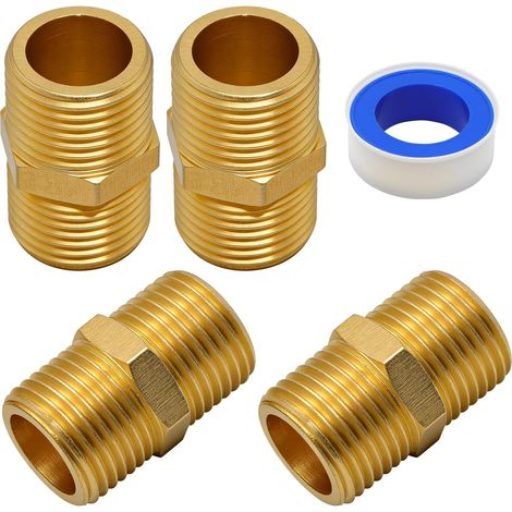4 Pcs Raccords Double Connecteur 1/2 Pouces, Manchon de Réduction en Laiton Filetage Mâle 1/2 Pouce, Raccords de tuyauterie pour chauffage et plomberie, avec bande PTFE (1/5)