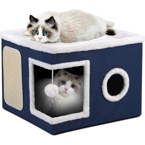 1 - Maison Pour Chat - Lit Pliant - Cube 2 Niveaux Avec Griffoir Et Jouet Suspendu - Intérieur Extérieur - Bleu - 43x43x32cm (1/5)