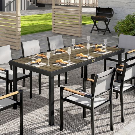 Mesa de comedor de jardín para 8 personas en aluminio y plástico, madera oscura y negro.