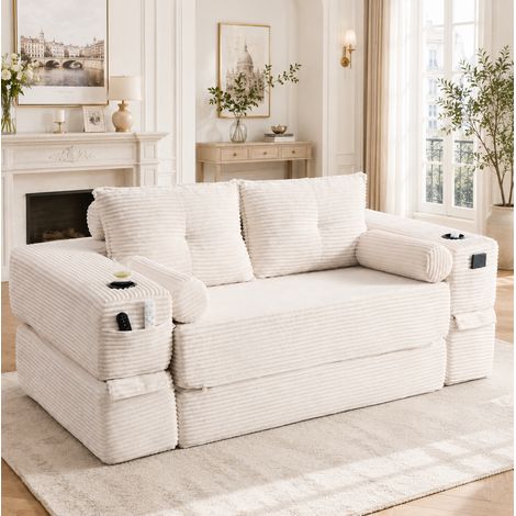 Sofá cama 2 plazas de pana beige, con bolsillo lateral, portavasos y cojines viscoelásticos HAVRYA (1/5)