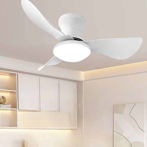 Ventilateur de plafond LED 70 cm, 3 pales ABS blanches, télécommande, extra plat, 3 températures, lumière dimmable, Blanc (1/5)