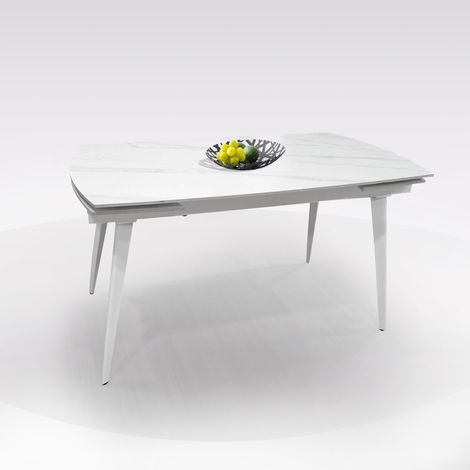 TAVOLO ALLUNGABILE CM 140X80 METALLO BIANCO E VETRO EFFETTO MARMO (1/5)