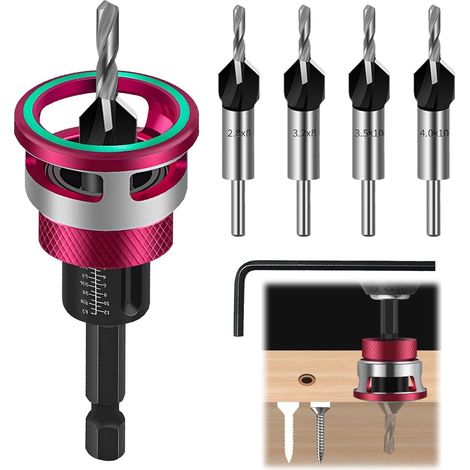 Wood Drill Bit Set with Countersink for Wood with Adjustable Depth Stopper, Drill Bit with 1/4" Hex Shank in HSS-M2, Precise Bore for Work 6 Pieces (1/5)