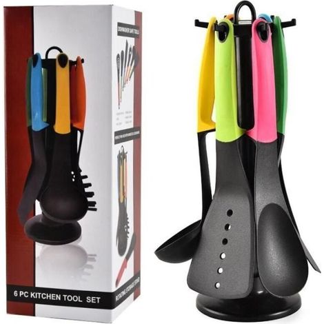 Set di 6 utensili da cucina antiaderenti in nylon (giallo, verde, rosso) con portaposate girevole. (1/4)