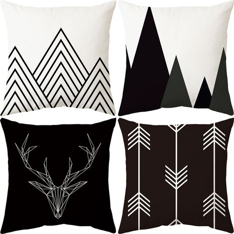 Coussin Lot de 4, Géométrique Noir Et Blanc Flèche De Cerf Minimaliste Doux Court Peluche Carré Taie d'oreiller pour Sofa Canapé Chambre Auto Chaise Domicile Décor 45x45cm