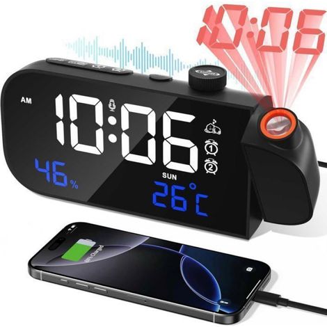 1 Réveil Projecteur, Horloge Numérique, Radio FM, Température Humidité, Double Alarme, USB, Intérieur (1/4)