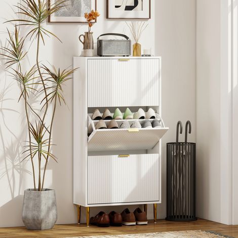 Armoire à chaussures 18 paires 3 tiroirs rabattables Portes cannelées + étagères réglables 60×24×122,5 cm Blanc