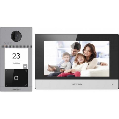 Kit d&39interphone vidéo IP Hikvision DS-KIS604-P(C) : 1 bouton, écran 7 pouces, Wi-Fi, PoE, lecteur Mifare, interphone vidéo