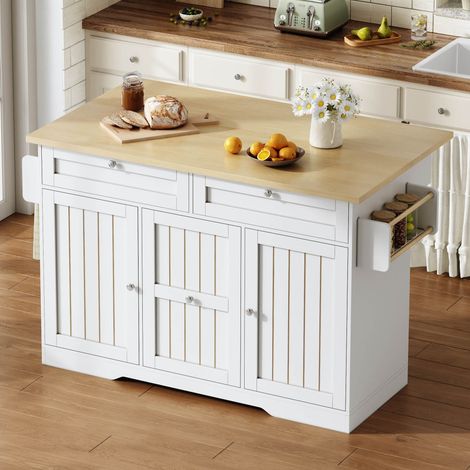 Modernluxe - Îlot central de cuisine avec table rabattable, 2 portes et 3 tiroirs, roulettes verrouillables - blanc (1/5)