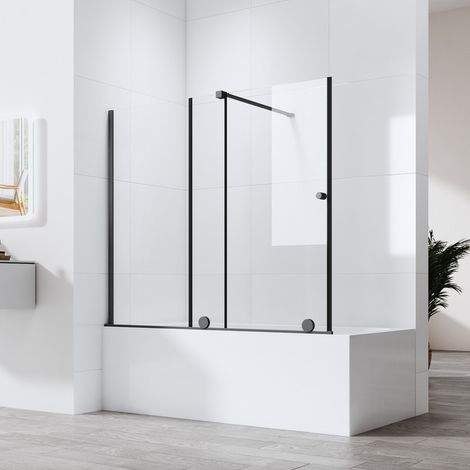 Duschwand für Badewanne mit Schiebetür 115 x 140 cm Schwarz, Glas Badewannenaufsatz Duschtrennwand Duschabtrennung aus 6mm ESG Sicherheitsglas, Schiebetüren ausziehbar 70-115 cm