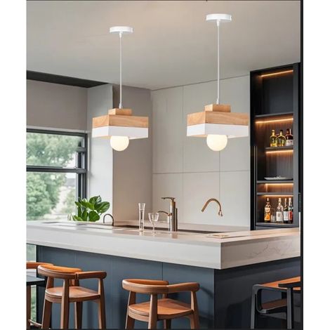 4x Lustre Moderne Salon,Lampe Suspension Vintage Industriel en Bois Carre E27 Lampe de Plafond Style Nordique pour Chambre (1/5)