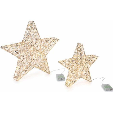 Stelle natalizie in metallo con luci LED bianco caldo in set da due pezzi, ideali come luminaria e allestimento vetrina, Grande: cm 40 x 5,5 x 39 H