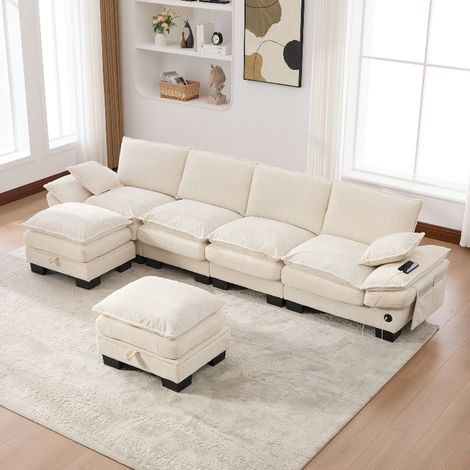 Modulares 4-Sitzer Cordsofa Beige mit 2 Hockern und praktischem Stauraum, integriertem USB-C Anschluss, 330x132x84 cm, ergonomisches Familiensofa (1/5)