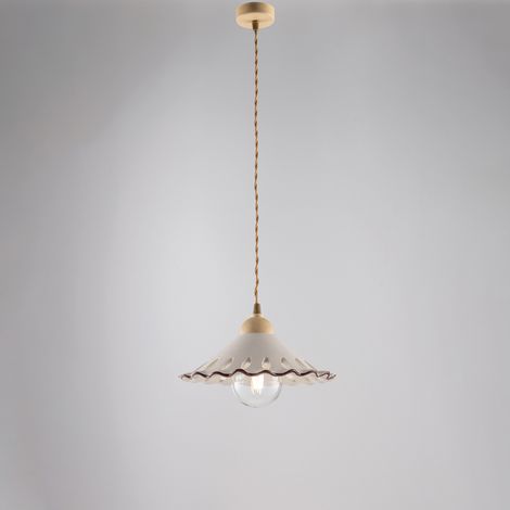Sospensione in ferro laccato avorio e decorazione effetto decapè con diffusore in ceramica diametro 30 bianco e marrone con cavo elettrico ricoperto in tessuto intrecciato regolabile 1 luce H.15 - MAX