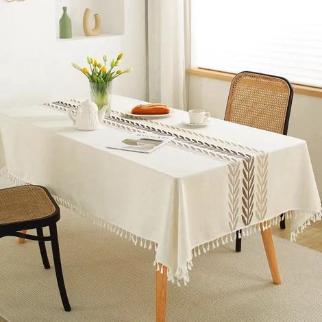 Nappe rectangulaire 140x220cm en coton et lin, imperméable et lavable, avec taies d'oreiller (1/5)