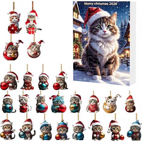 Calendrier de l'Avent avec de jolis motifs de chats - 24 décorations de sapin de Noël en acrylique 2D - Compte à rebours de 24 jours pour les décorations de Noël et les cadeaux de fêtes (1/5)