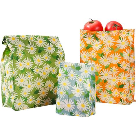 Lot De 3 Sacs Debout Cire D’Abeille (S M L), Réutilisables en Coton Bio, Rangement Pratique pour Cuisine Et Aliments, Usage Quotidien Simple Et Organisé, Motif Marguerites (1/5)