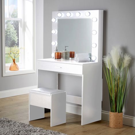 White Dressing Table with Stool LED Lights Vanity Makeup Desk Set with 1 drawer (1/5)