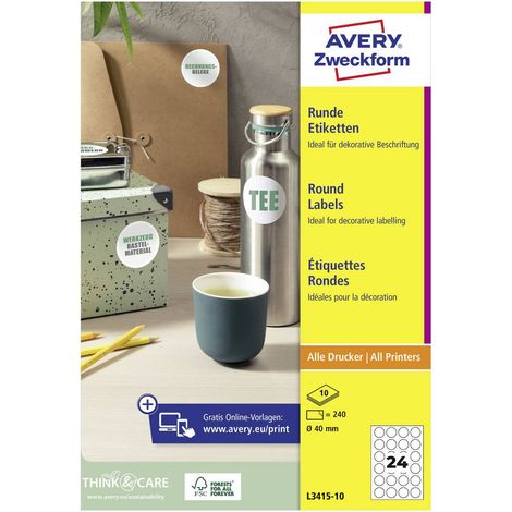 Avery-Zweckform L3415-10 Etichetta universale Ø 40 mm Carta Bianco 240 pz. A tenuta permanente Stampante laser, Stampan (1/5)
