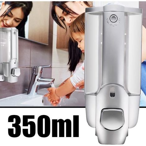 1 distributeur de savon mural, 350 ml, en plastique ABS argenté, design classique et intemporel, salle de bain et cuisine (1/4)