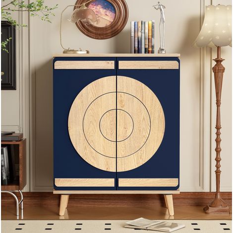 Scarpiera in truciolare blu e naturale 76 x 37 x 98,5 cm con ante geometriche e ripiani interni (1/5)