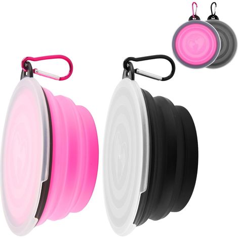 2 Bols Repliables Gamelles de Voyage pour Chien et Chat, Gamelles de Voyage Anti Fuites en Silicone, avec Mousquetons, Idéal pour Nourriture et Eau, 350 ML, Rose et Noir