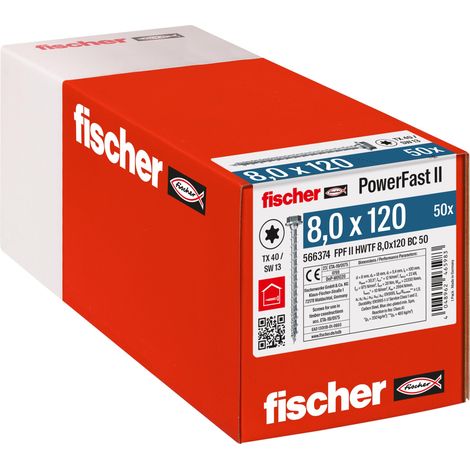 Tirefond PowerFast FPF II HWTF 8,0x120 revêtement zingué, Filetage Total, tête hexagonale avec Empreinte Torx/Boîte de 50 (1/4)