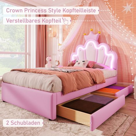 Lit capitonné 90x200 cm sans matelas, éclairage d'ambiance télécommandé, lit avec 2 tiroirs, lit princesse forme couronne, tête de lit réglable, PU, rose, design ludique, chambre enfant (1/5)