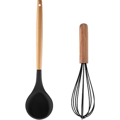 Ensemble Ustensiles Cuisine Silicone Et Bois - Resistance Haute Temperature - Pour Casseroles Antiadhesives - Lot De 10 Pieces (1/5)