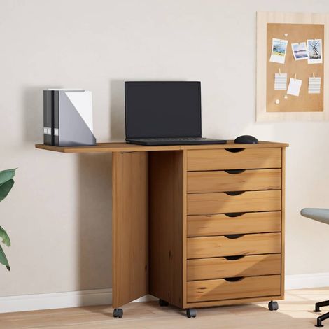 Vidaxl – Caisson roulant avec bureau pliable – Bois de pin massif – Grand espace de rangement – Roues flexibles pour mobilité (1/7)