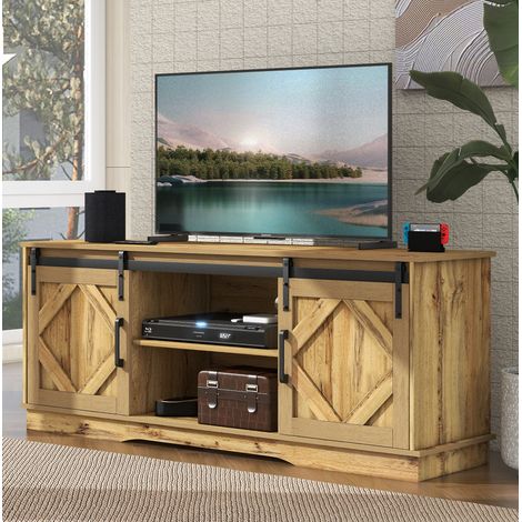 Mueble TV 150 x 40 x 60 cm con puertas correderas, 2 estantes regulables, marrón DESVIAE (1/5)