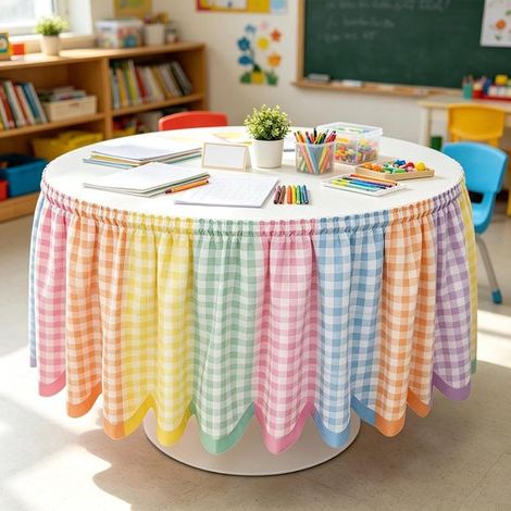 Jupe de table 180 x 75 cm – Jupe de bureau lavable et durable – Housse décorative pour bureau enseignant classe dortoir et intérieur – Motif à carreaux colorés (1/5)