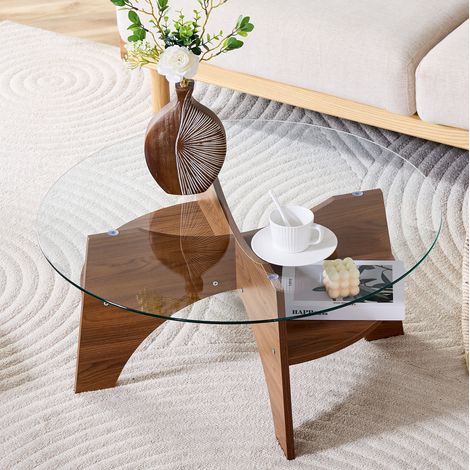 Tavolino basso rotondo 80x80x36 cm trasparente e noce, piano in vetro temperato, MDF MEUBLIV (1/5)