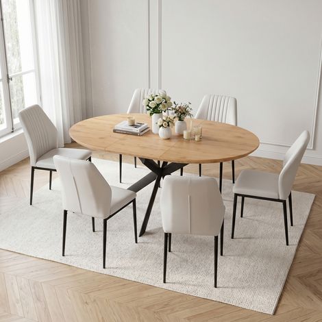 Ensemble de table à manger ronde extensible, plateau rond en MDF finition chêne (110-150 cm), style moderne et contemporain pour la salle à manger et la cuisine (6 chaises, PU, Blanc)