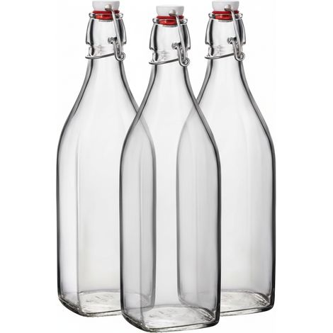 Set 3 Bottiglie Swing in Vetro Trasparente 1 Litro con Chiusura Ermetica a Leva Tappo Meccanico Ideali per Olio Aceto Liquori Succhi e Conserve Fatte in Casa