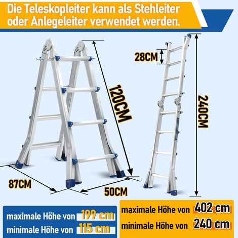 Randaco Teleskopleiter Alu Leichtgewicht 4x4 Ebene Silber  multifunktion Multifunktionsleiter Mehrzweckleiter Ausziehbare  aus Hochwertigem Aluminium Belastbarkeit 150KG