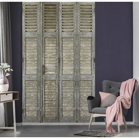 Papier peint intissé vintage – Volets bois gris – 250 cm x 150 cm – Décoration géante pour salon et chambre – Plage (1/2)