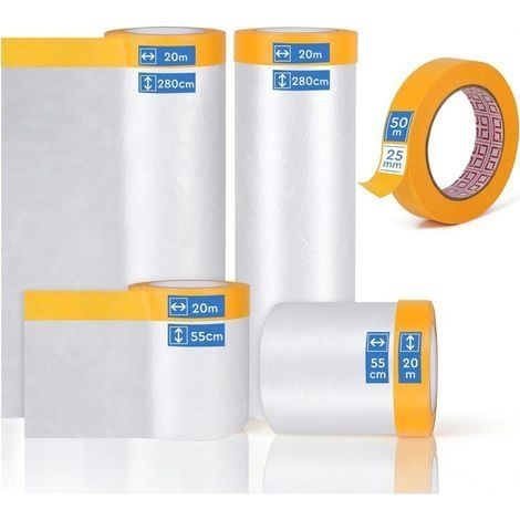 4 Rouleaux de Bache Protection Peinture avec Ruban Masquage Adhésif 280 cm x 20 m x 1, 150 cm x 20 m x 1, 55 cm x 20 m x 2 de Film de Masquage et 1 Masking Tape 25 mm x 50 m (1/5)