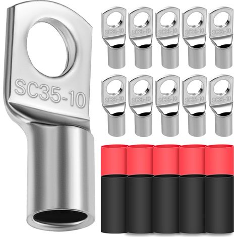Lot de 10 cosses de câble tubulaires 35 mm² - Diamètre du trou M10 - Cosses à anneau en cuivre épais non isolées avec 10 gaines thermorétractables 3: 1 (1/5)