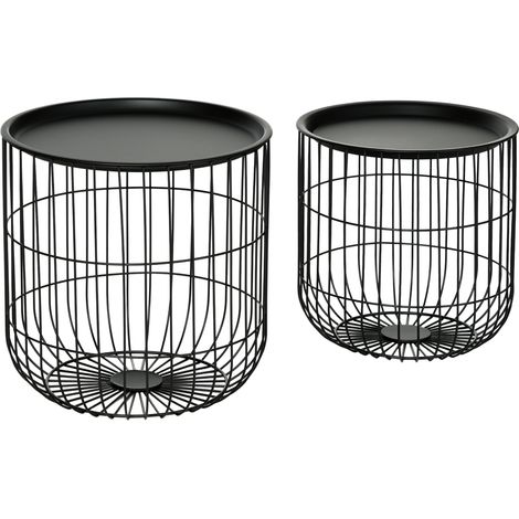 Lot de 2 tables basses rondes en acier noir avec rangement style scandinave (1/5)