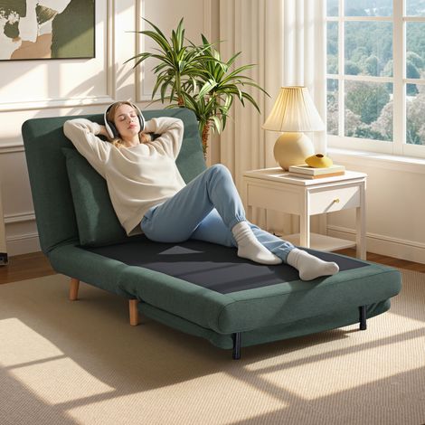 Fauteuil convertible 3 en 1 avec fonction lit, inclinable, dossier réglable, pieds en hêtre, coussin, vert foncé